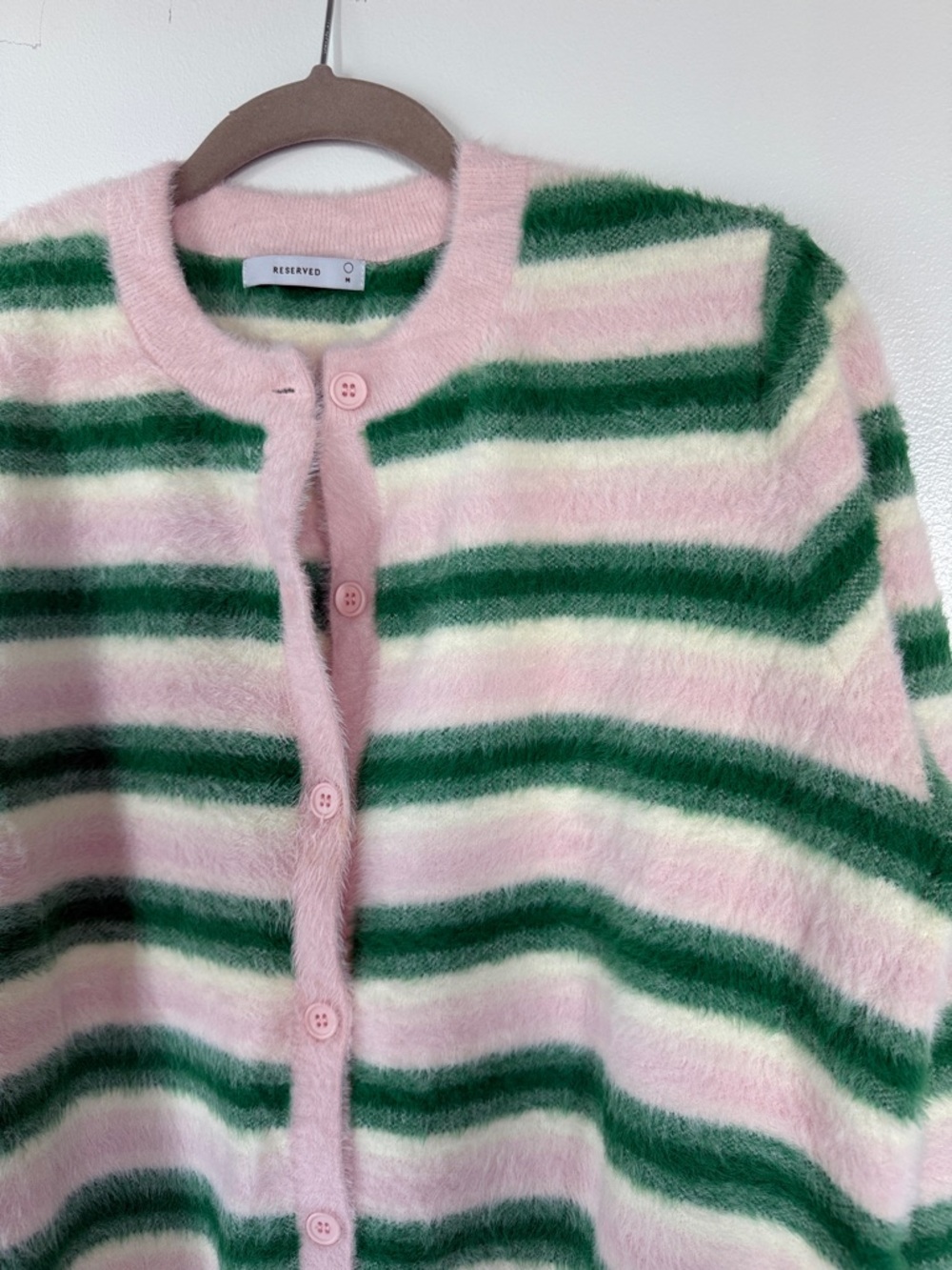 Striped Fuzzy Pink and Green Button-Up Cardigan